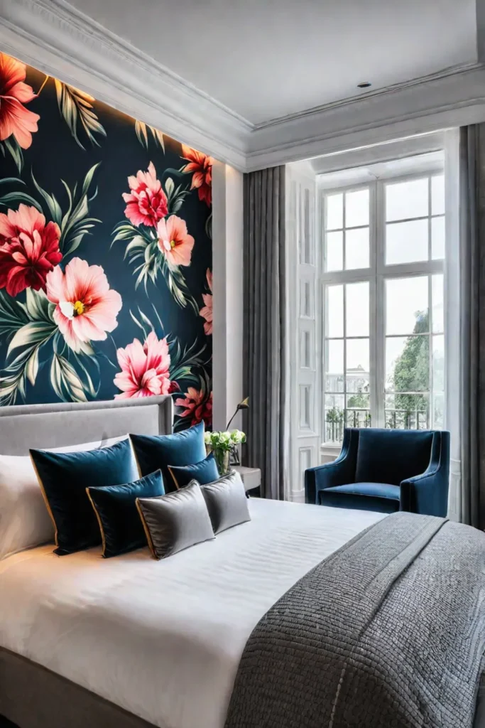 A bedroom with a statement wallpaper featuring a bold oversized floral design