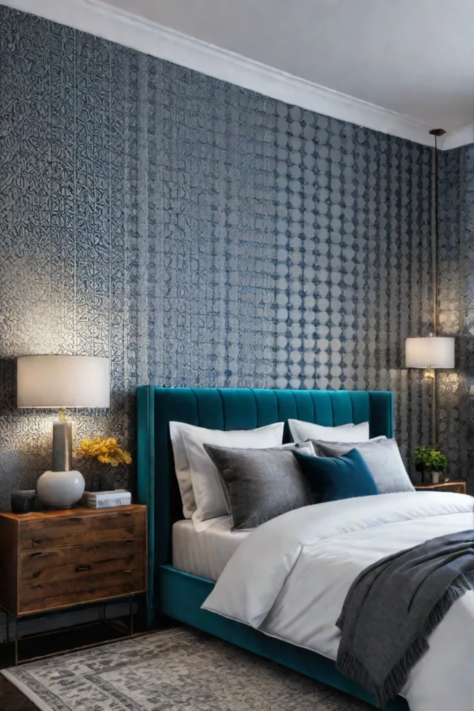 A bedroom with a wallpaper featuring a bold geometric design in a