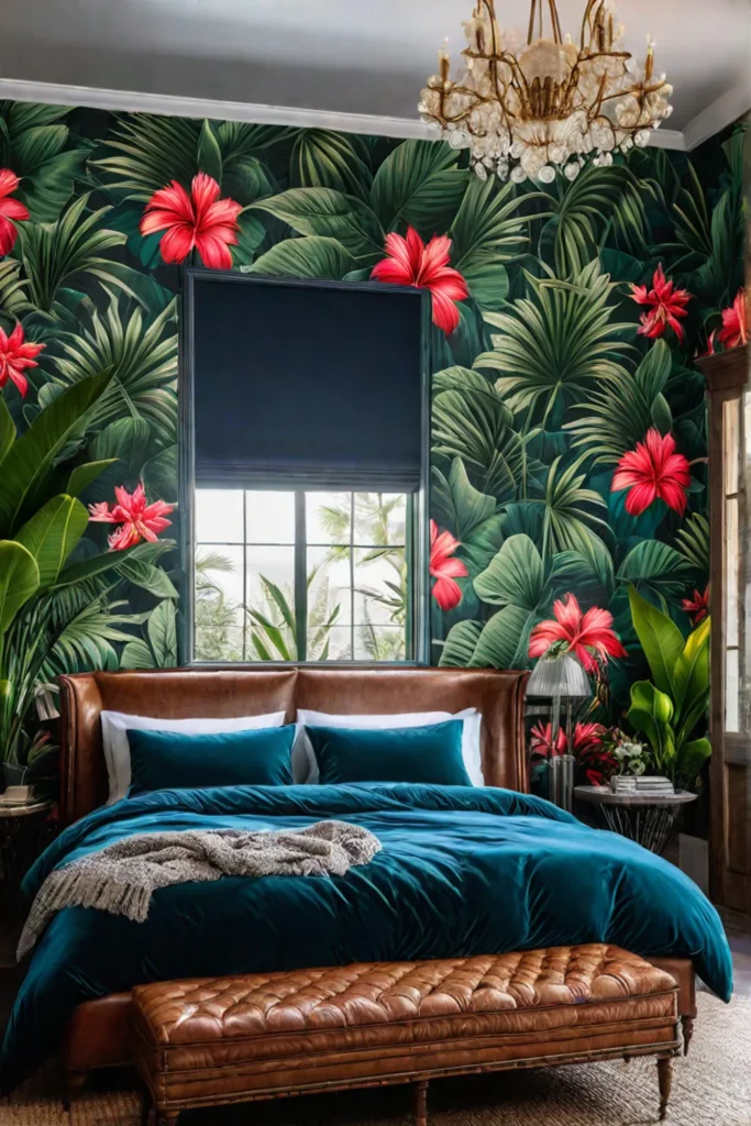 A bedroom with a wallpaper featuring a lush tropical floral design creating
