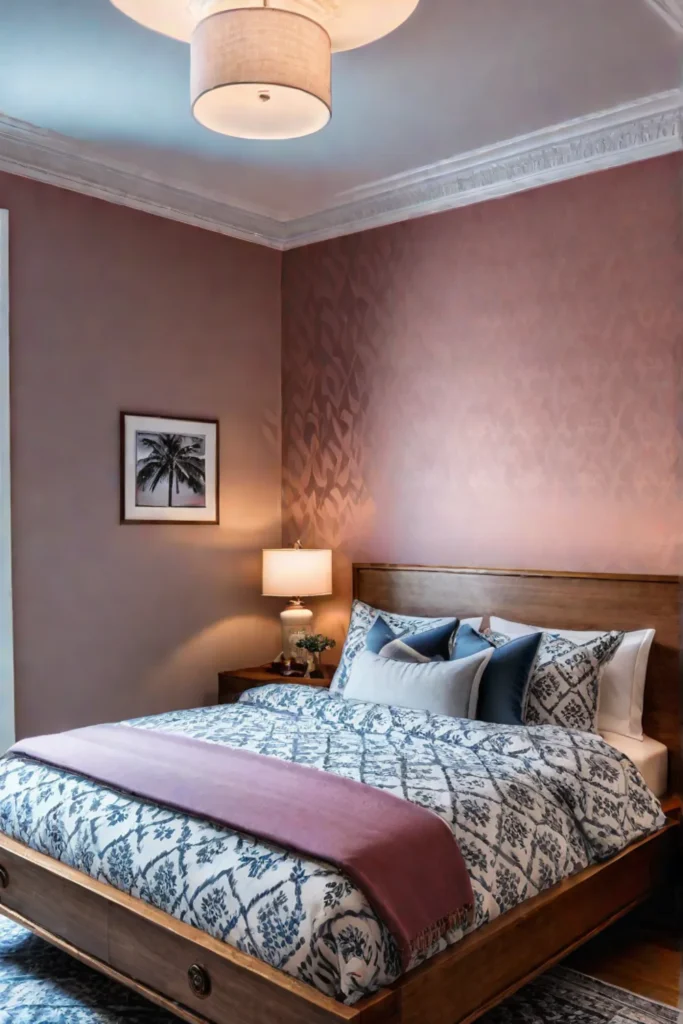 A bedroom with a wallpaper showcasing a charming illustrated pattern creating a