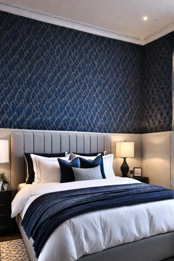 A bedroom with a wallpaper showcasing a handdrawn artisanal pattern creating a