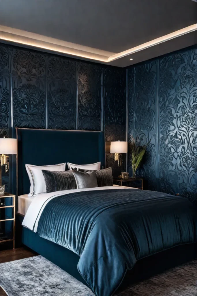 A bedroom with a wallpaper showcasing a metallic or foilaccented pattern creating