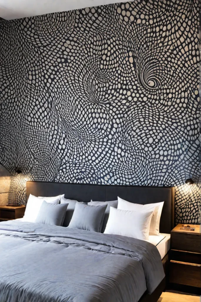 A bedroom with an abstract wallpaper design featuring soothing flowing patterns creating