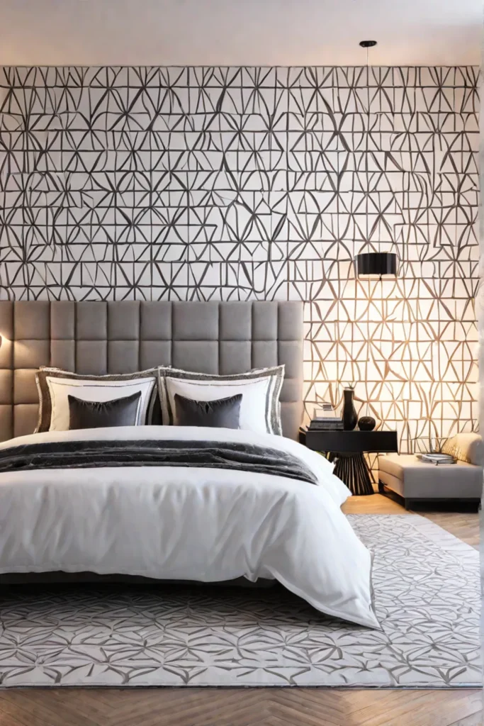 A cozy bedroom with a geometric wallpaper design in earthy tones creating