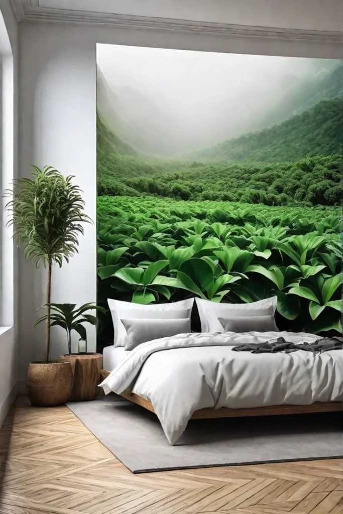 A cozy bedroom with a lush botanicalinspired wallpaper featuring leafy patterns in