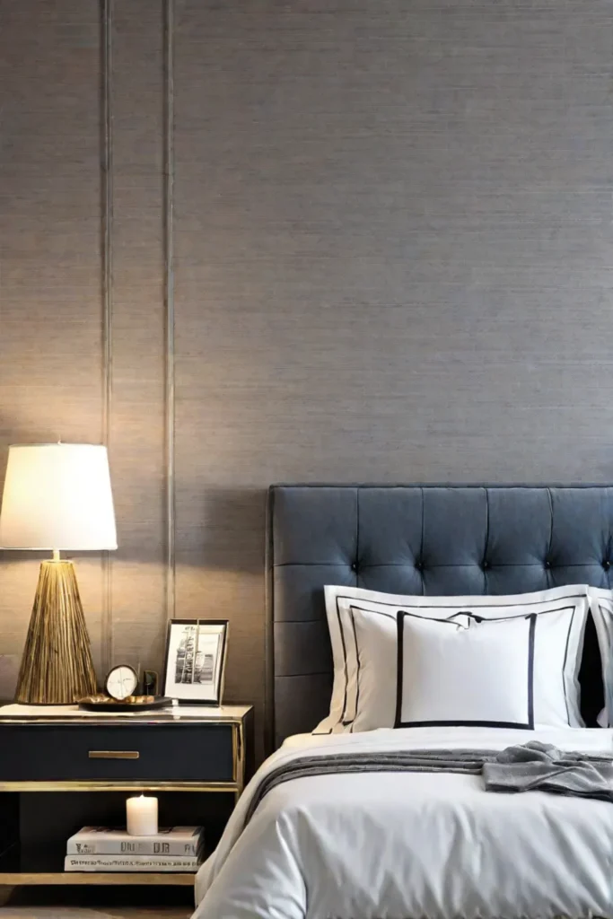 A cozy bedroom with a textured wallpaper that mimics the look and