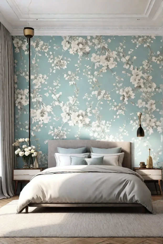 A cozy bedroom with a wallpaper design featuring a delicate floral pattern