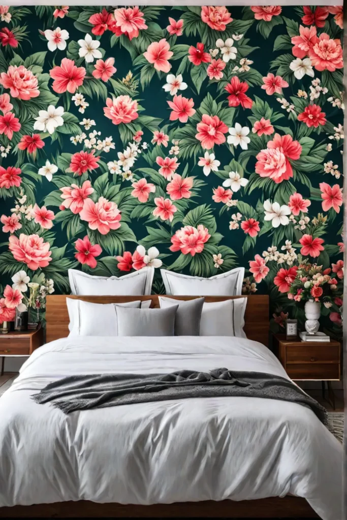 A cozy bedroom with floral wallpaper featuring vibrant oversized blooms in shades