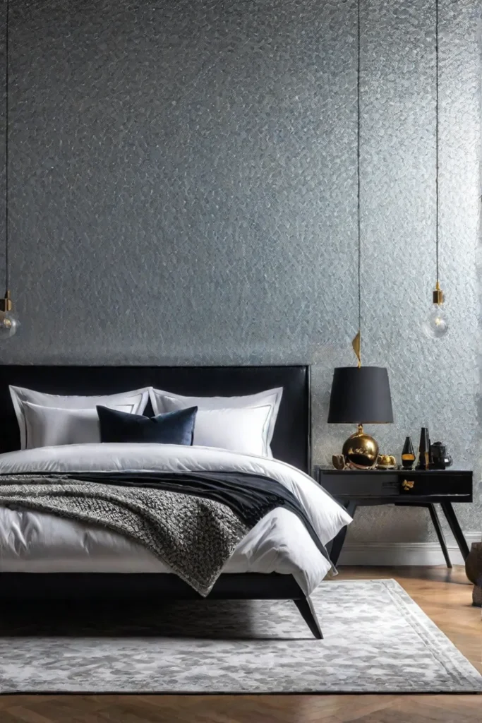 A cozy bedroom with wallpaper featuring a metallic brushedgold pattern that reflects