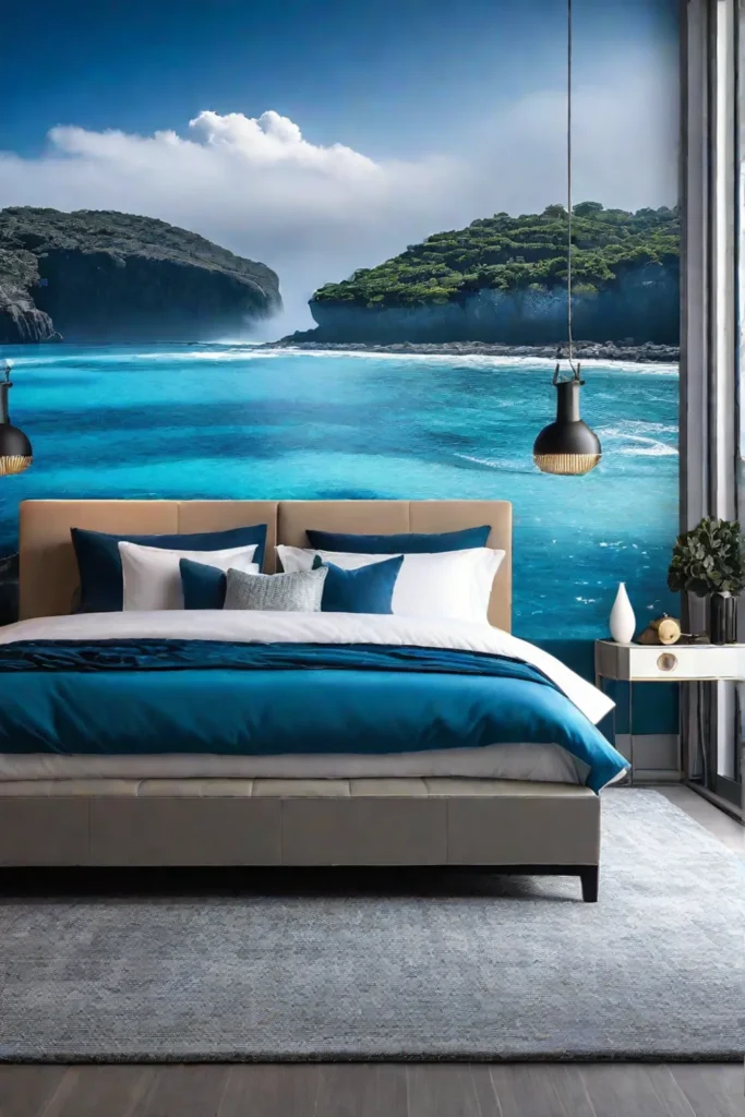 A peaceful bedroom with a wallpaper design inspired by the ocean with