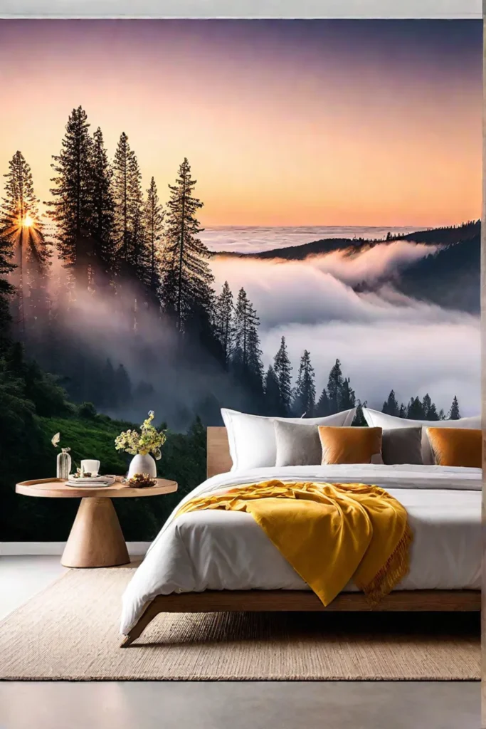 A serene bedroom with a wallpaper design showcasing a calming watercolor landscape