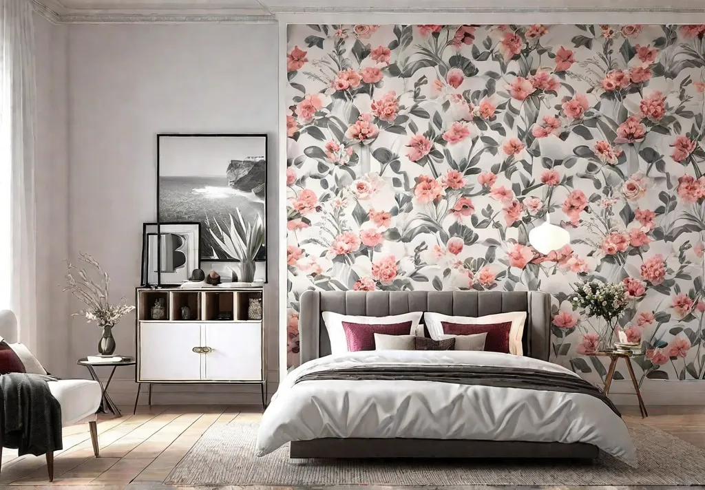 Delicate floral wallpaper in soft pastel tones adorns the walls creating afeat