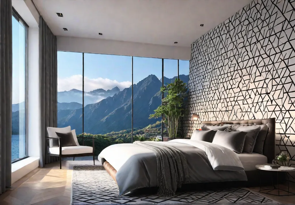 Geometric wallpaper with bold triangles and hexagons adorning a cozy bedroom creatingfeat