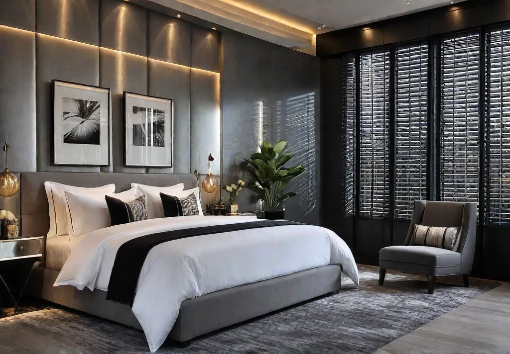 Luxurious bedroom oasis with a stunning metallic wallpaper feature wall creating afeat