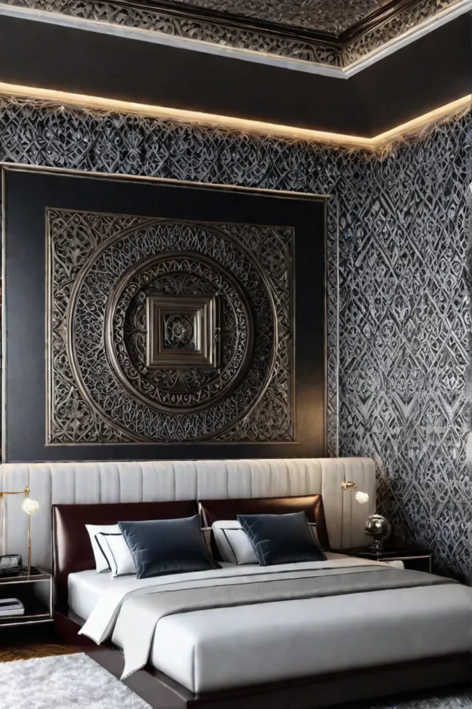 a beautifully designed bedroom with a custommade abstract wallpaper showcasing a oneofakind