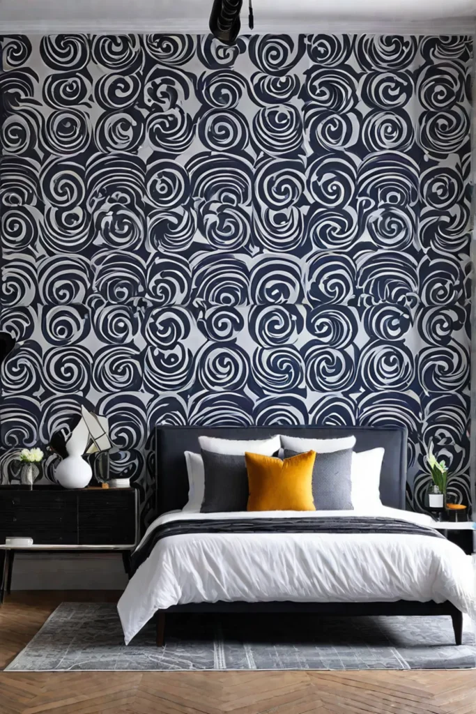 a bedroom with bold and abstract patterned wallpaper