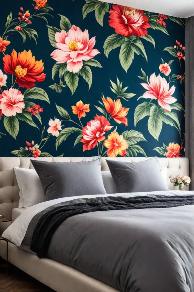 a bedroom with bold oversized floral wallpaper