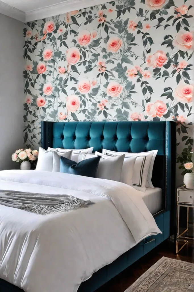 a bedroom with floral wallpaper in soft pastel colors