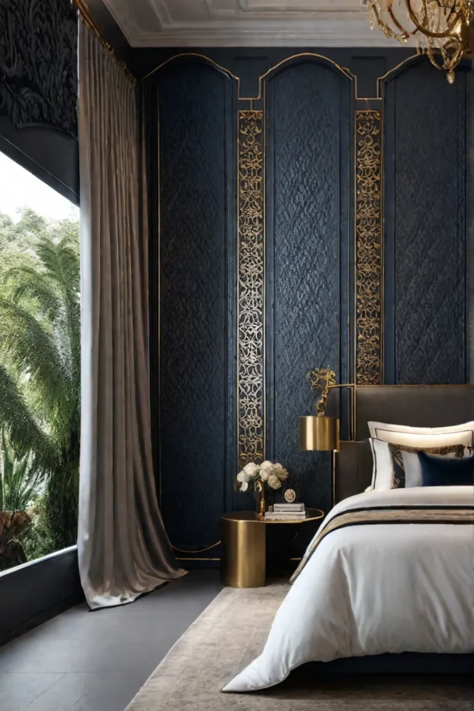 a bedroom with metallic accented wallpaper