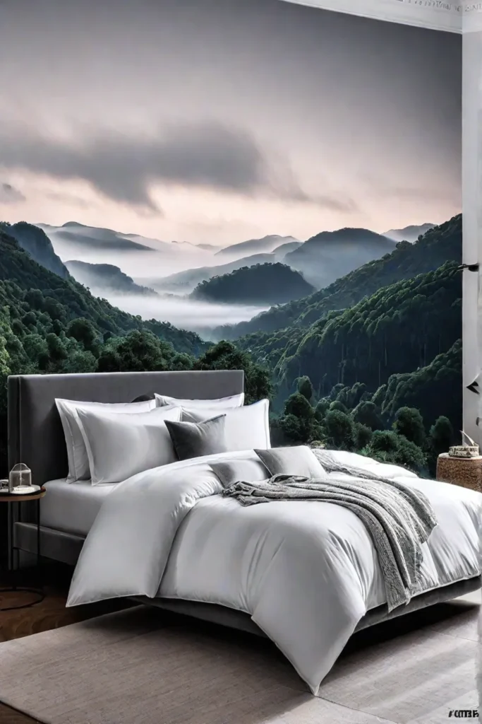 a bedroom with monochrome wallpaper in a tonal palette
