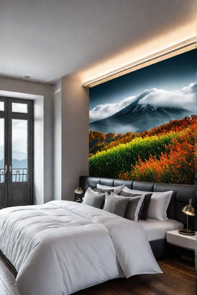 a bedroom with photorealistic wallpaper featuring a detailed mural or landscape