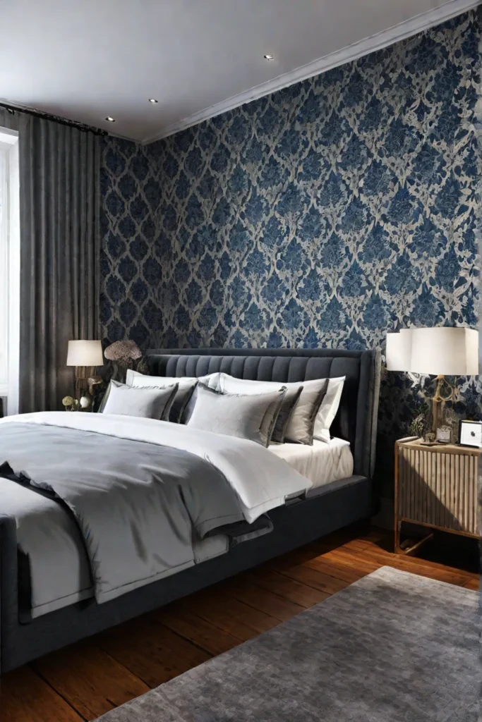 a bedroom with vintageinspired patterned wallpaper