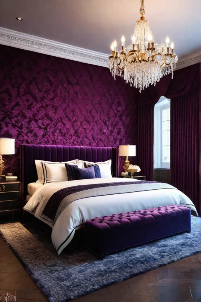 a lavish and elegant bedroom with a luxurious velvettextured wallpaper in a