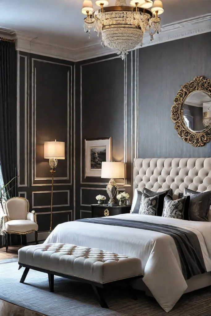 a lavish and elegant bedroom with a metallic damaskpatterned wallpaper exuding a