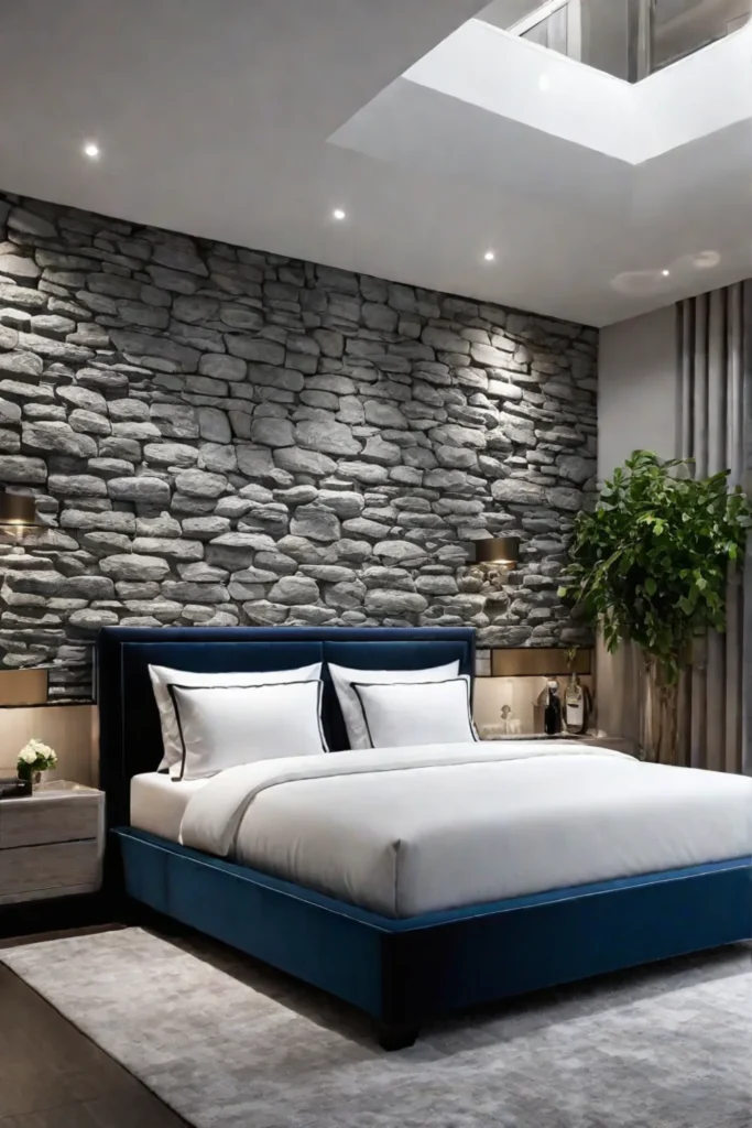a soothing and tranquil bedroom with a stoneeffect wallpaper creating a natural