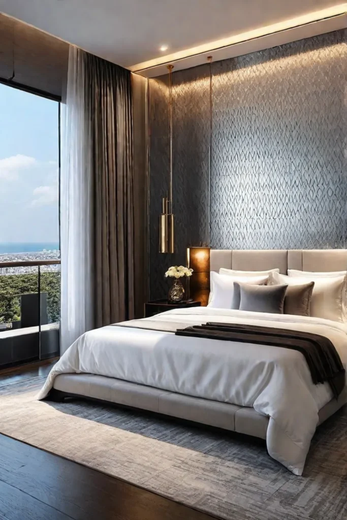 a spacious and elegant bedroom with a metallic wallpaper feature wall plush