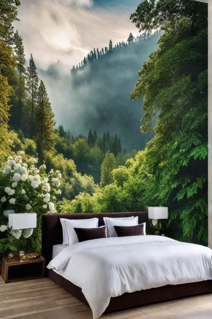 a spacious and relaxing bedroom with a panoramic natureinspired wallpaper mural giving