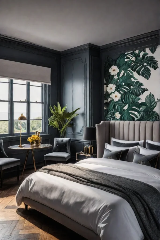a sumptuous bedroom with a vibrant floral wallpaper evoking a sense of