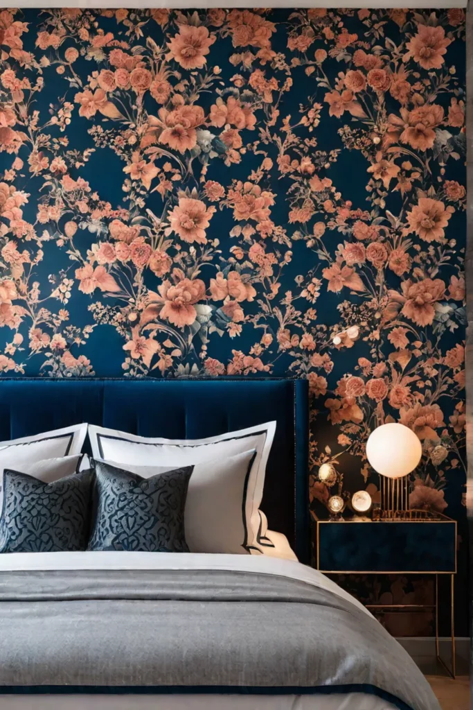 a warm and comforting bedroom with a silktextured floral wallpaper evoking a 1