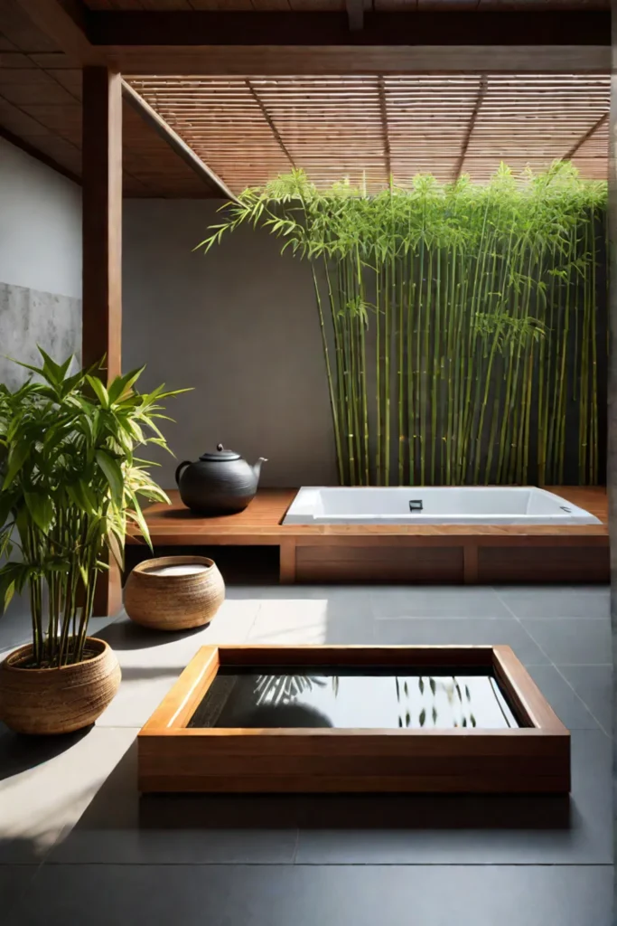 A Japanese soaking tub with traditional elements for a serene bathing experience