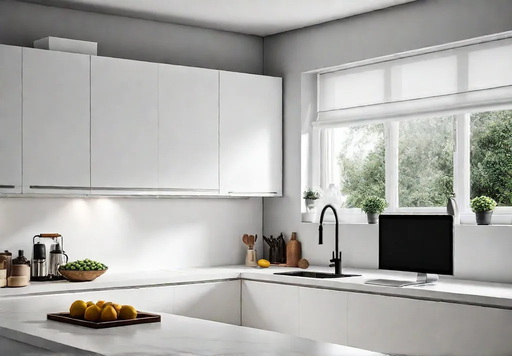 A Scandinavianinspired kitchen featuring whitepainted cabinets with sleek silver hardware open shelvingfeat