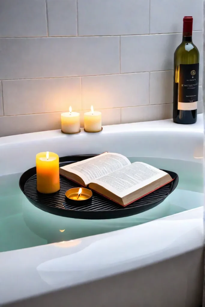 A bath tray with items for relaxation and indulgence during bath time