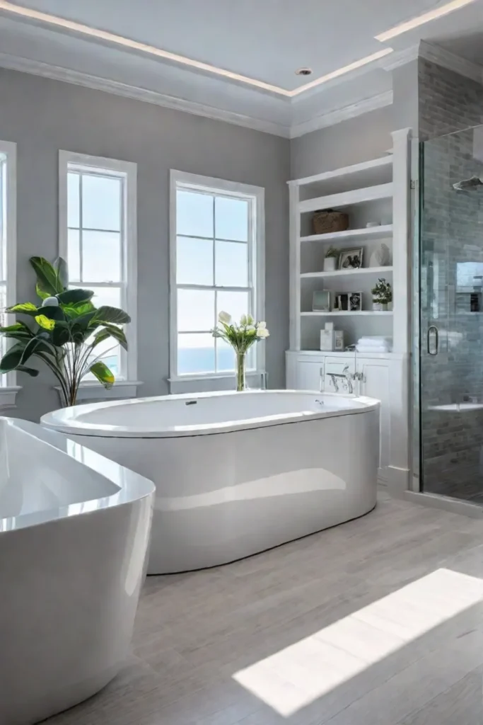 A bathroom designed for aging in place with safety features and a