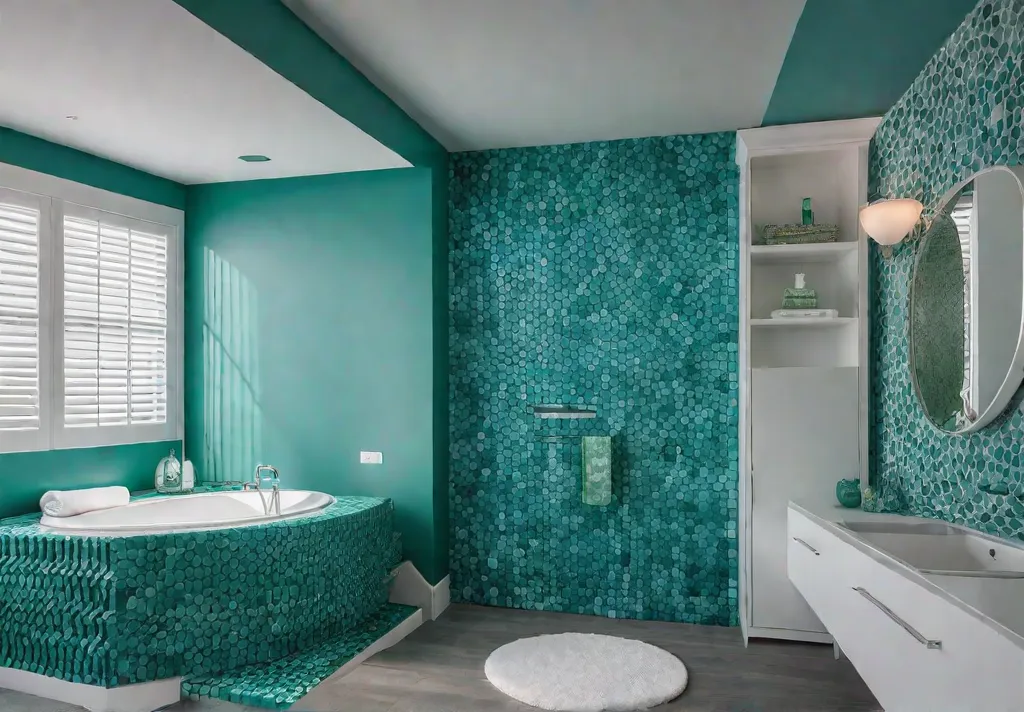 A bathroom featuring oceanthemed decor with playful blue and green tiles afeat