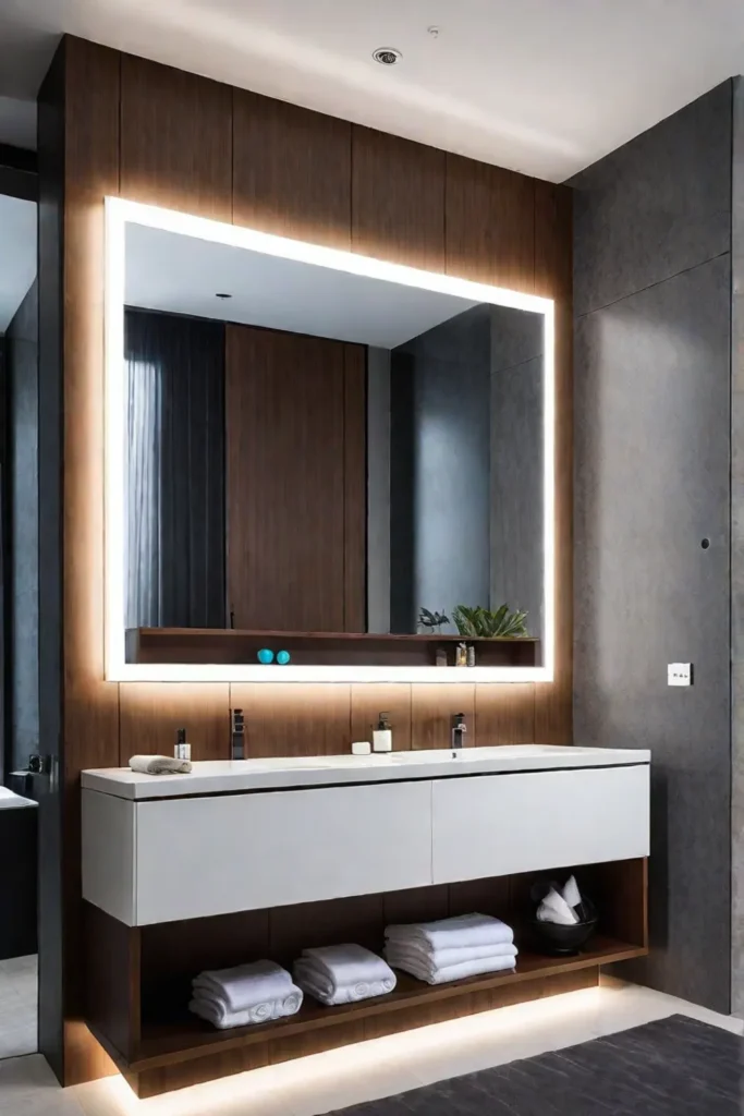 A bathroom with a floating vanity comfortheight sink and touchless faucets