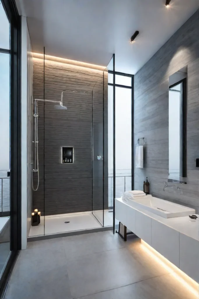 A bathroom with a wet room design and barrierfree shower area