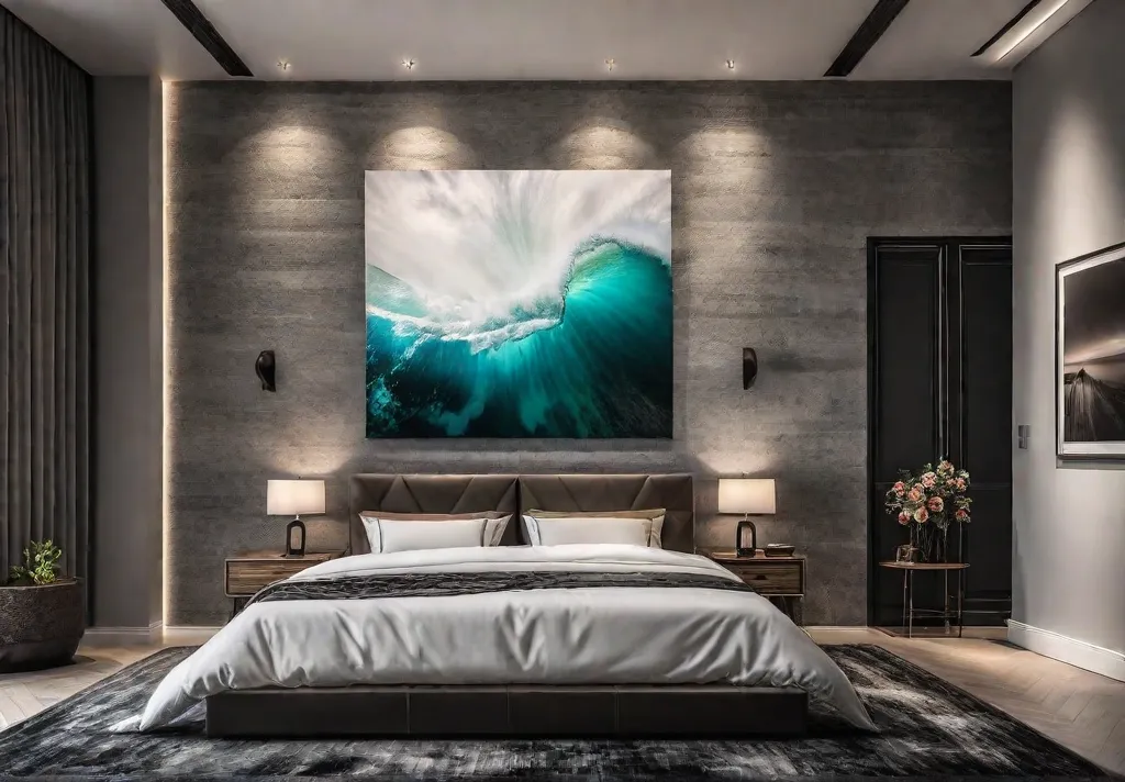A bedroom with an oversized abstract painting dominating the wall creating afeat