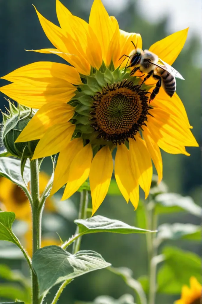 A bee pollinating a sunflower in a vegetable garden