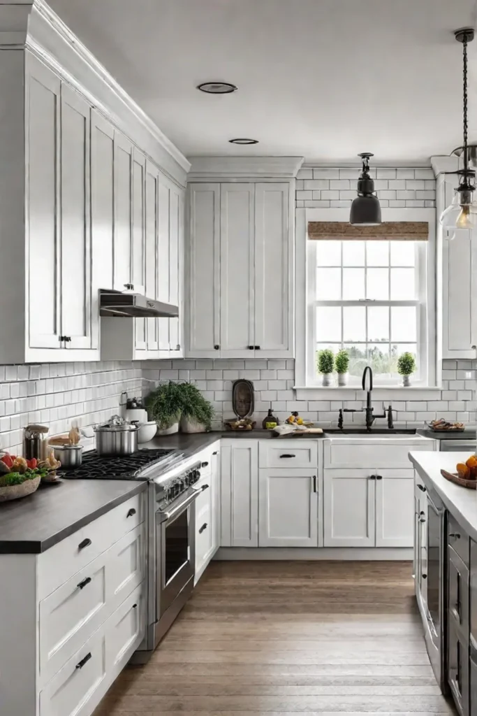 A bright and airy farmhouse kitchen with a subway tile backsplash white