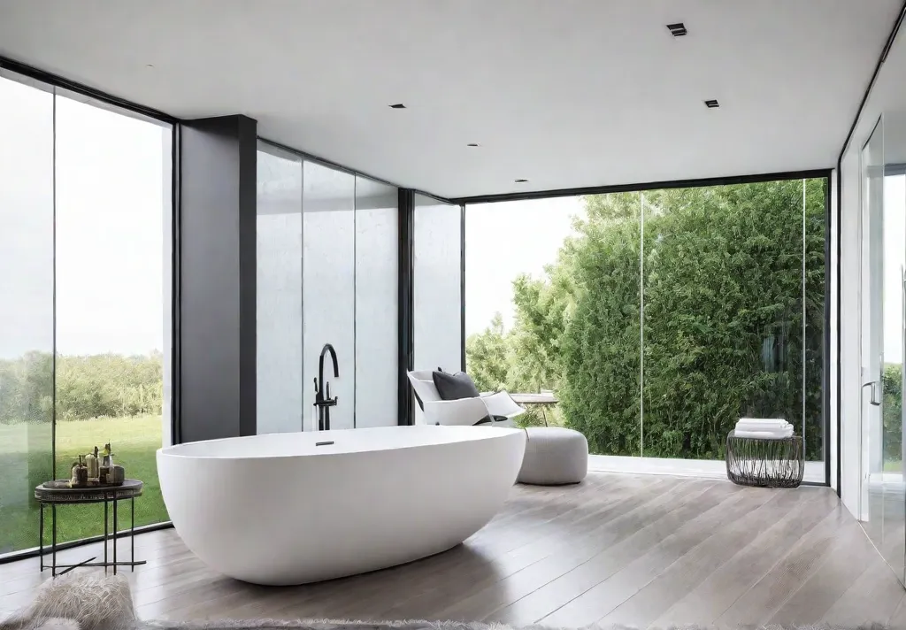 A bright and airy modern bathroom with white ceramic tiled walls afeat