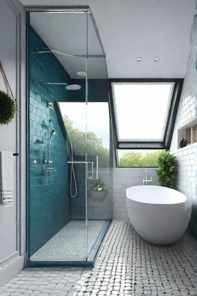 A bright and open small bathroom with white tiles and a skylight