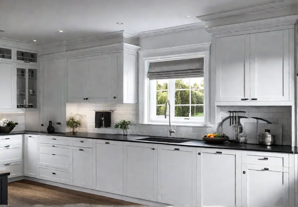A bright kitchen with white cabinets and dark countertops being transformed withfeat