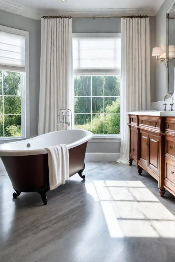 A bright spacious master bathroom with a clawfoot tub marble floors and