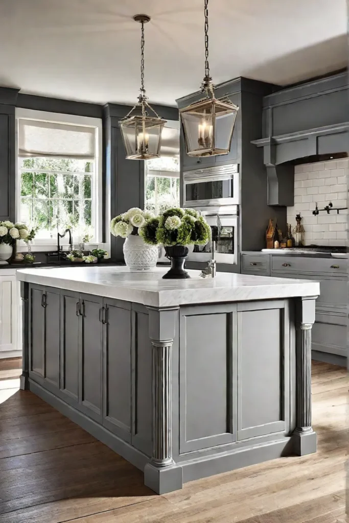 A charming farmhouse kitchen with a kitchen island featuring beadboard detailing and
