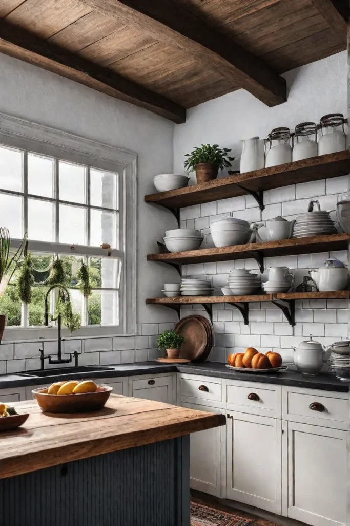 A charming farmhouse kitchen with a vintageinspired range open shelving displaying antique
