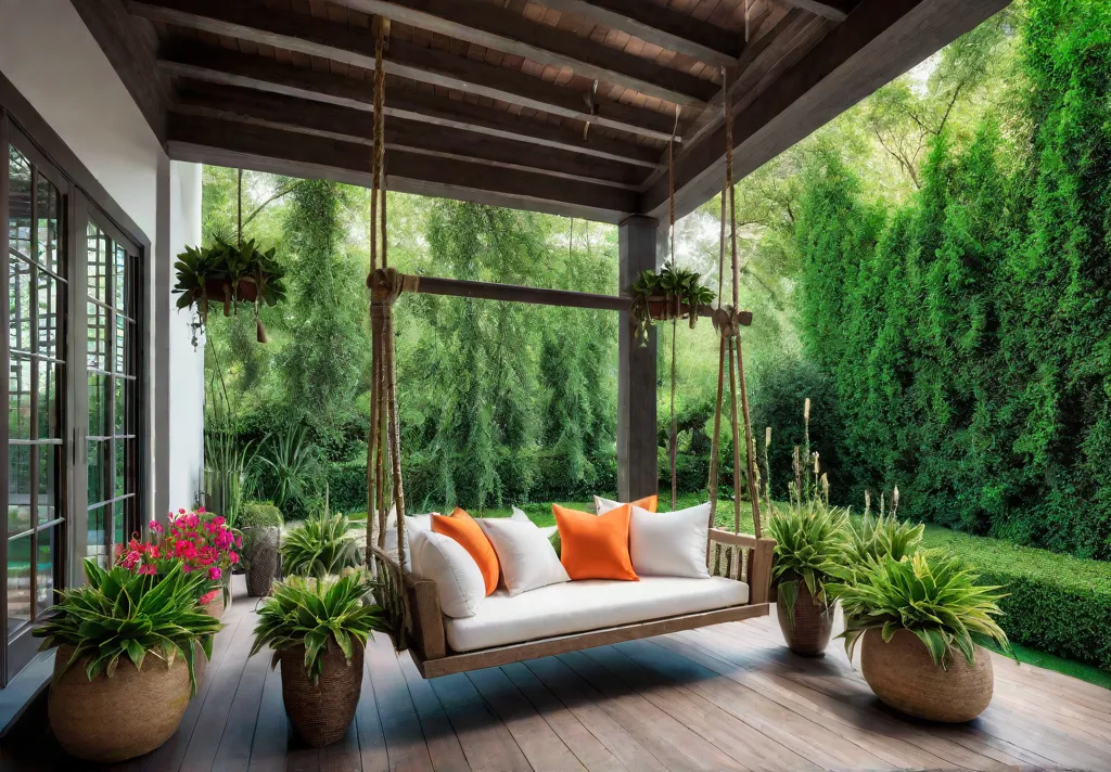A charming porch with a rustic wooden swing hanging from exposed beamsfeat